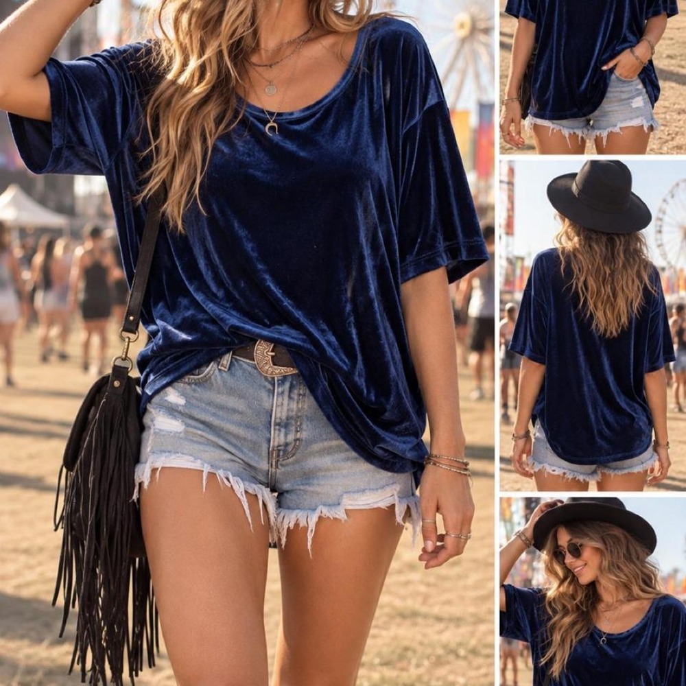 Navy Blue Velvet Top Oversized Relaxed Fit 90s Y2K Holiday Party Festival